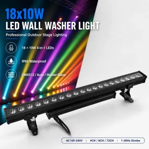 18x10W 180W RGBW LED Wall Washer Light Dual-Layer Cooling IP65 DMX512 72CH Outdoor for Stage Architectural Facade Lighting