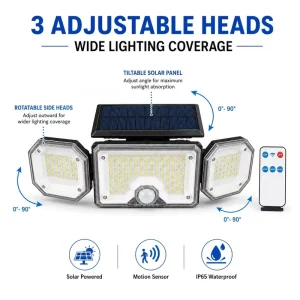 226LED Solar 3-Head Wall Lamp with Remote Control IP65 Waterproof Outdoor Motion Sensor Light