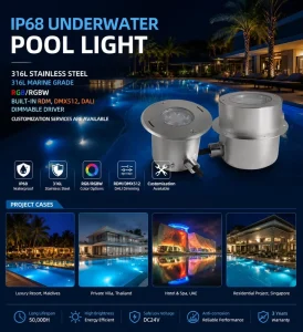 316L Stainless Steel IP68 LED Underwater Light for Swimming Pool and Pond Warm White & RGB DMX512 Control 12-24V Marine Grade