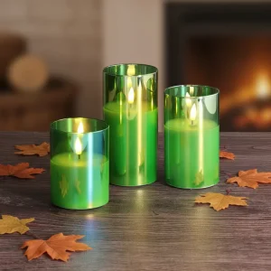 3D Flameless Glass Pillar Paraffin Wax Green LED Candles Battery Operated Eco-Friendly Home Decoration Remote