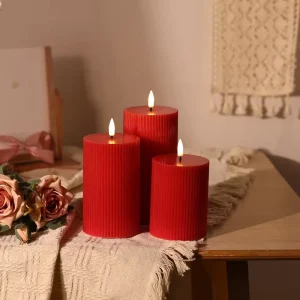 3D Real Flame Red Pillar Set of 4 Remote Control Paraffin Wax Stripe Flickering Flame LED Candles
