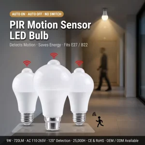 9W PIR Motion Sensor LED Bulb E27/B22 720LM A19 AC110-265V Auto On/Off Security Light CE RoHS Certified OEM Available LED Bulb