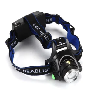 Adjustable Zoom LED Headlamp, Black, Rechargeable Lithium-Ion Battery, CE, IP68, ABS, R7S Aluminum Body