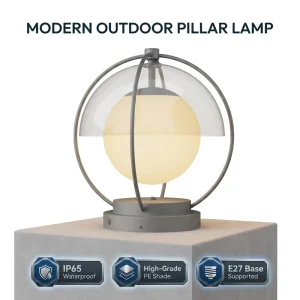 Arc Iron Frame Spherical Outdoor LED Pillar Light IP65 20/30/40cm Flat Base 3000K Warm White