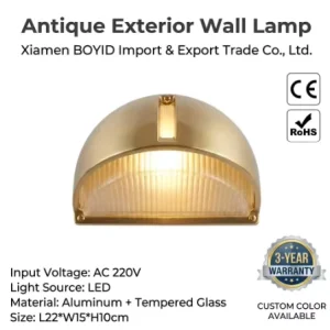 Boyid Antique Exterior Wall Lamps Aluminum Garden Mounted Lantern Waterproof Tempered Glass Outdoor Gold Warm LED