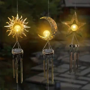 Cross-border Solar-powered IP65 LED European Style Courtyard Moon Lamp Sun-and-moon Wind Chime Pendant Wrought-iron Hollow-out