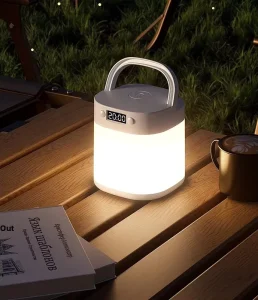 Digital Clock LED Camping Lantern with Foldable Handle Dimmable Portable Emergency Tent Light for Patio Fishing Power Outage
