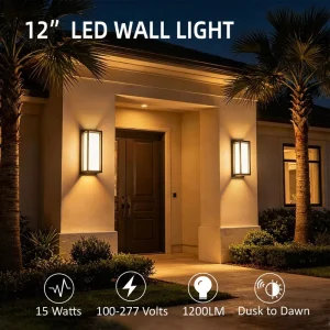 Dusk-to-Dawn 2700K/5000K 12-Inch 15W 1200LM Waterproof LED Outdoor Porch Wall Sconce, AC 100-277V