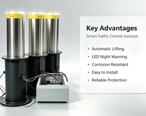 Electric Lifting Security Bollard 304 Stainless Steel Loop Detector & Remote Driveway & Parking Lot Use LED Lighting