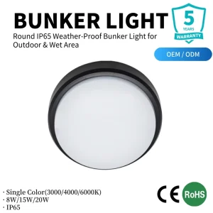 IP65 LED Bunker Light Round Outdoor Bulkhead Light 8W 15W 20W Weatherproof Wall and Ceiling Light CE RoHS Europe Factory