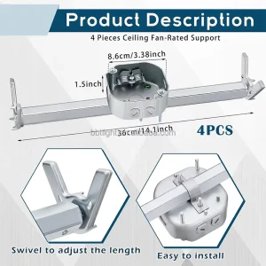 Iron Ceiling Fan Mounting Bracket with Adjustable Electrical Box for Fans and Light Fixtures, ETL Certified, Indoor Outdoor Use