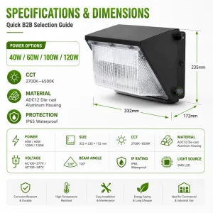 LED Wall Pack Light 60W Equivalent Outdoor Warm White Aluminum Base Glass Body Waterproof Square Design for Garden