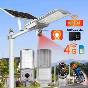 Landscape Roads Lamp With Inbuilt Batteries High Lumens Security Camera IP65 500W WIFI 4G Aluminum LED Solar Street Light