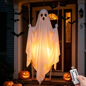 Large 5ft Pre Assembled Hanging Swing Ghost Halloween Decorations Height adjustable Swing Timer Remote Lights Strings