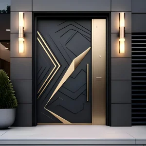 Luxury Villa Entry Door Sculptural Geometric Black Metal Entry Door with Gold Linear Accents Unique Modern Main Metal Door