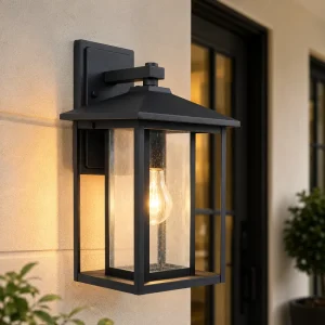 Modern Black Square Outdoor LED Wall Lantern with E26/E27 Socket and Tempered Glass