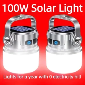 Multi-functional Outdoor Solar Lamp with Hook, Dual Light Source Bulb & Power Bank Function for Home Garden & Tent