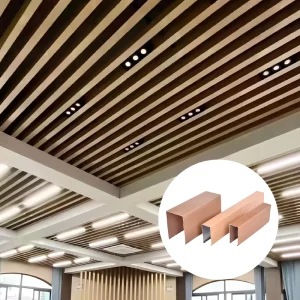 OEM Fireproof Suspended Aluminum Ceiling with Wood-Grain Finish and U-Shaped Baffles for Office and Commercial Spaces