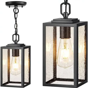 Outdoor Hanging Pendant Lights Front Porch Patio Modern Black Tempered Seed Glass Anti-Rust Adjustable Chain Chandelier