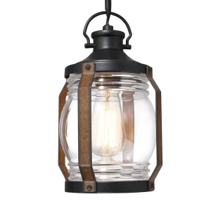 Outdoor Pendant Light with Black Wood Grain Finish and Clear Glass