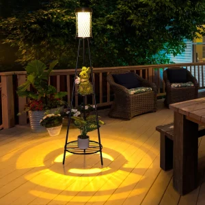 Outdoor Solar Floor Lamp with Planter Stand Modern Metal Tripod LED Light for Patio Pathway Garden Yard Driveway Lighting