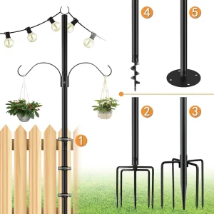 Outdoor String Light Poles with Shepherd Hooks Can Be Used as String Light Brackets for Hanging Flower Baskets and Bird Feeders