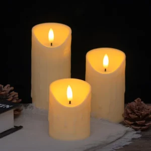 Realistic Melted Edge Plastic LED Pillar Votive Candles Flameless Button Control Battery Operated Warm Yellow