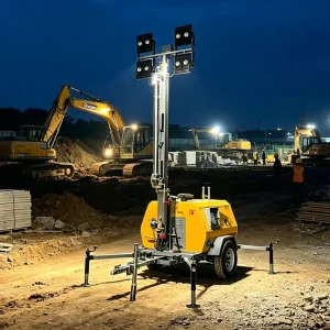 Silent 9m Mobile Light Tower Yanmar Diesel Generator 4x400W LED Telescopic High Mast Lighting for Residential Area Work