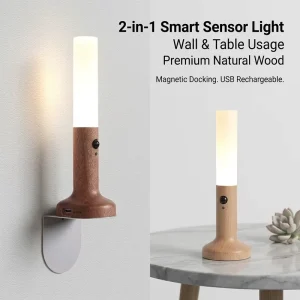 Smart Wooden Motion Sensor Night Light 500mAh USB Rechargeable Magnetic Wall Lamp Table Lamp 2 in 1 Decor for Bedroom Hallway