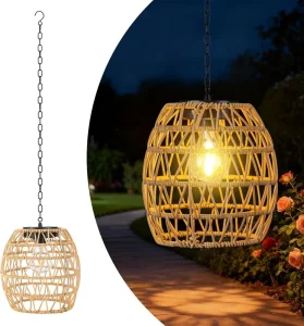 Solar Chandelier Natural Rattan Lanterns Waterproof Bamboo Hanging Light for Garden Patio Porch Tree Solar Garden Light