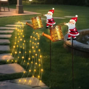 Solar Christmas Santa Watering Can Light Outdoor Garden Lawn Stake Lamp Holiday Decoration Santa Claus Lawn Lamp with Ironwork