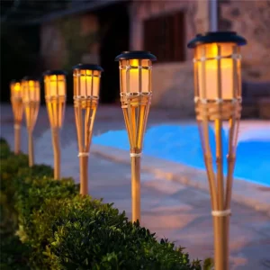 Solar LED Bamboo Torch Light Lawn & Garden Outdoor IP65 Waterproof Motion Sensor 360 Beam Semi Flush Mount Flame Lamp