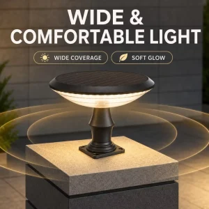 Solar LED Round Pillar Light Outdoor 30W Monocrystalline Post Cap Lamp IP65 Dimmable Fence Gate Pier Lantern