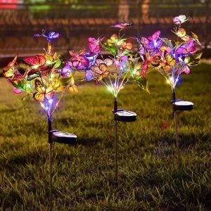 Solar Powered IP65 Outdoor Artificial Butterfly Flower Tree Ground Mounted Lights for Garden Road and Festival Decorations
