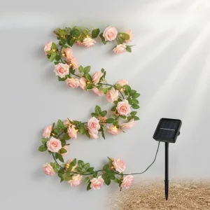 Solar Rose Vine String Light LED Waterproof Warm White Artificial Flower Fairy Garland Outdoor Garden Fence Room Decor Gift Art