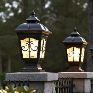 Traditional Outdoor Aluminum Four-Sided Pillar Lamp with Textured Glass Square Base IP65 3500K Warm White