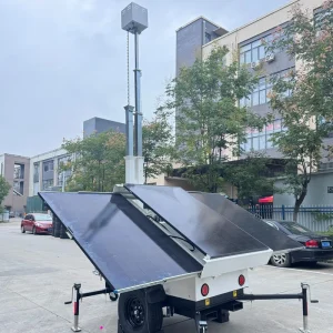 Upgraded Mobile Portable Trailer Light Tower with LED Floodlight 7m Telescopic Mast Solar Power Off Grid Security CCTV System