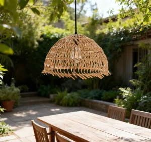 Waterproof Rattan Dome Pendant Light, Handwoven Boho Wicker, Indoor/Outdoor