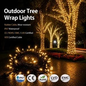 Weatherproof IP65 Rubber Cable Abrasion Tree Wrap Golden Light 2700K Rain Snow Outdoor Garden LED String Lights Dimmable